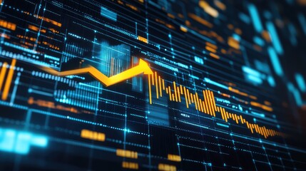 Poster - A digital financial graph with an arrow pointing up, symbolizing business growth, investment success, and economic achievement. Copy space included.