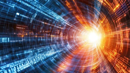 Poster - a digital futuristic tunnel leading into a bright light, symbolizing business success, technological