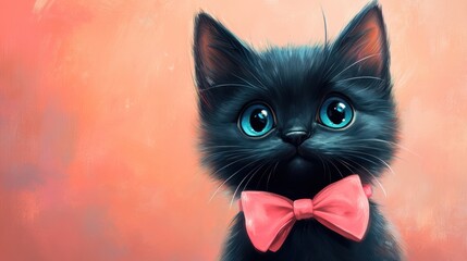 Wall Mural - Cute black kitten, pink bow tie, coral background, digital art, pet adoption