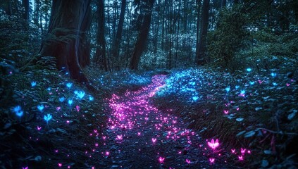 Poster - glowing flowers illuminate dark forest path at night, magical fantasy scene with bioluminescent flor