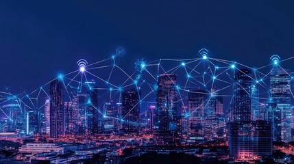 Poster - A futuristic city skyline with digital connections linking buildings, symbolizing business networking. Copy space included.