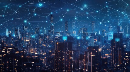 Poster - A futuristic city skyline with digital connections linking buildings, symbolizing business networking. Copy space included.