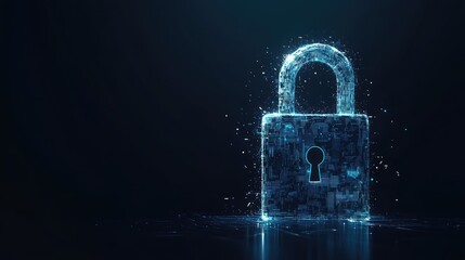 Poster - A futuristic padlock made of pixels and circuits, representing cyber protection and safe browsing. Copy space available.