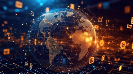 Poster - a glowing abstract wireframe globe surrounded by floating tech symbols, representing technological a