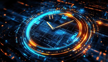 Poster - Digital Clock Interface: Futuristic Time Display with Glowing Neon Effects,  Abstract Technology Background