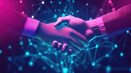 Poster - A glowing business agreement icon in a cyber network, symbolizing digital partnerships and international cooperation. Copy space available.
