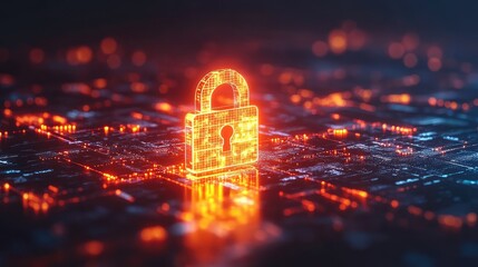Poster - a glowing smart lock on a digital screen, symbolizing advanced cybersecurity protection. minimalisti