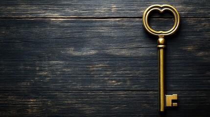 Poster - A golden key placed on a dark wooden table, symbolizing access to opportunities, success, and solutions. Wide background with copy space.