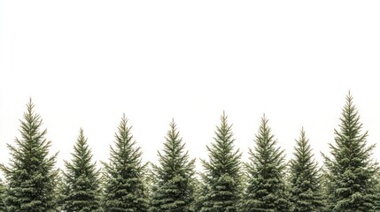 Evergreen trees row, winter landscape, white background, Christmas card design