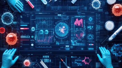 Wall Mural - A high-tech digital display showing biological cell analysis data, with laboratory tools like gloves and pipettes around it.