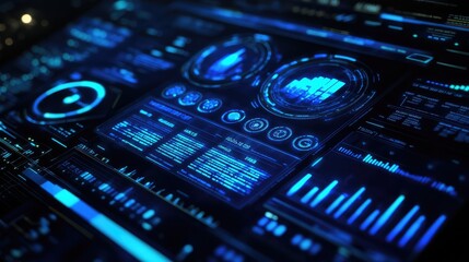 Poster - A modern business analytics dashboard with digital success metrics glowing in blue, symbolizing corporate efficiency. Copy space for branding.