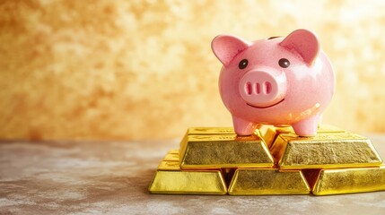 Poster - A piggy bank standing beside a stack of gold bars, symbolizing wealth accumulation and savings for gold. Clean composition with copy space.