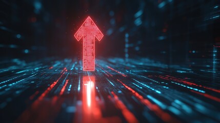 Poster - A red neon arrow pointing up on a futuristic digital business background, symbolizing strong market trends and economic success. Copy space for branding.