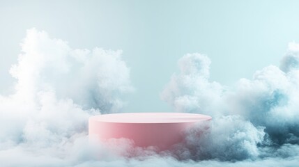 Poster - Soft Clouds Surrounding Pink Pedestal in Bright Studio Setting