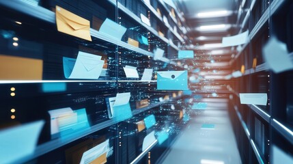 Poster - digital workspace showcasing a document management system with seamless file sorting, tagging, and retrieval