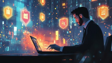 Poster - professional in a suit using a laptop, surrounded by holographic shields and risk analysis symbols
