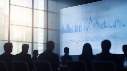 Poster - A silhouette of a conference room with a digital screen displaying business charts and growth trends. Copy space available.