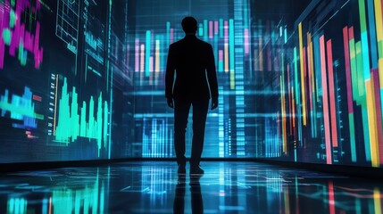 Poster - A silhouette of a futuristic digital workspace with holographic business charts and analytics. Copy space available.