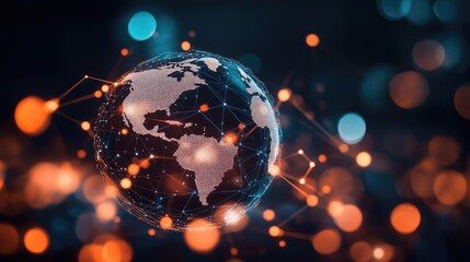 Poster - A silhouette of a globe with business network connections glowing around it, symbolizing international trade. Copy space included.
