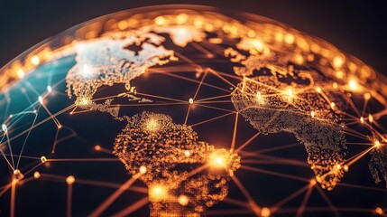 Poster - A silhouette of a globe with business network connections glowing around it, symbolizing international trade. Copy space included.