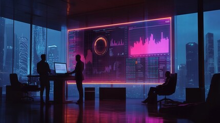 Poster - team in a modern office, analyzing data on a large screen with holographic financial growth charts