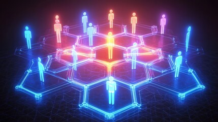 Poster - , digital design of a hexagonal diagram with glowing human connection nodes, symbolizing the role of social networking in today's world.
