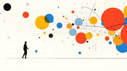 Poster - Colorful Geometric Shapes with Silhouette Walking Against Canvas