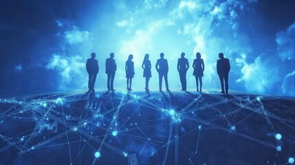 Poster - team of professionals standing confidently on a graph that transforms into a bridge, symbolizing strategic business connections.