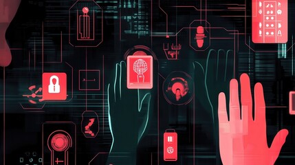Poster - digital display with hands guiding AI ethics icons, representing responsible AI implementation and moral foresight.
