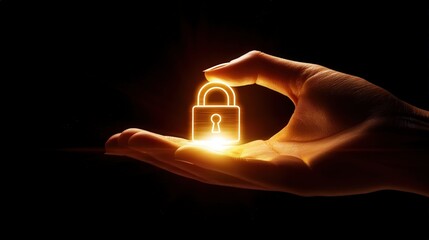 Poster - technology-driven concept of digital security, with a lock icon glowing as a hand selects it for safe access.