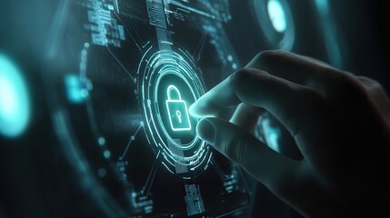 Poster - technology-driven concept of digital security, with a lock icon glowing as a hand selects it for safe access.