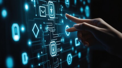 Poster - digital interface with hands gesturing around AI ethics symbols, emphasizing responsible innovation and technology ethics.