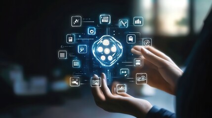 Poster - digital interface with hands gesturing around AI ethics symbols, emphasizing responsible innovation and technology ethics.