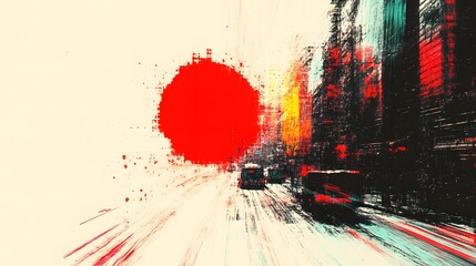 Poster - Abstract Urban Scene with Red Circle and Blurred Cityscape Background