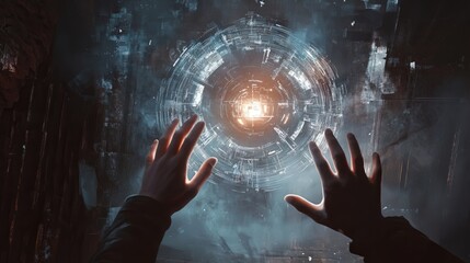 Poster - dramatic scene where hands manipulate a floating ai symbol, highlighting questions of control and et