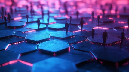 Poster - hexagonal network background, showcasing human social connections and the flow of communication within communities