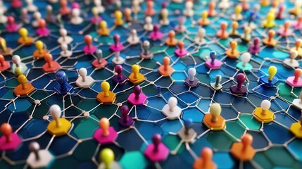 Poster - hexagonal network background, showcasing human social connections and the flow of communication within communities