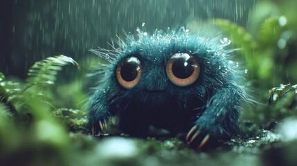 Wall Mural - Rainy forest, cute fuzzy creature, digital art, wallpaper