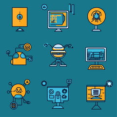 Poster - Digital Icons of Technology, Abstract Illustrations on Teal Background