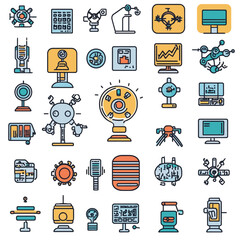 Poster - Futuristic Technology Icons in Vector Style, Blue & Orange on White Background