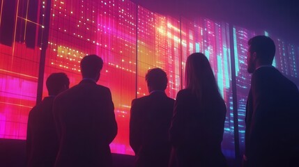 Poster - corporate team looking at a glowing screen with exponential business growth charts, symbolizing success