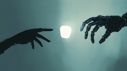 Poster - hand reaching out to a floating AI ethics symbol, while robotic arms reach from the opposite side