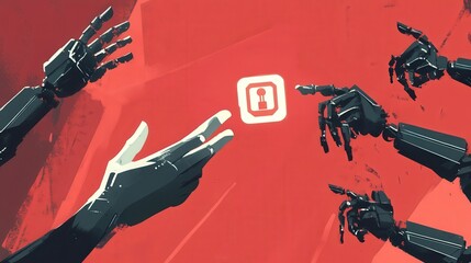 Poster - hand reaching out to a floating AI ethics symbol, while robotic arms reach from the opposite side