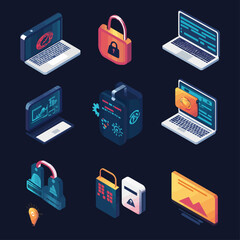 Poster - Isometric cybersecurity, technology icons, digital data, internet safety, protection