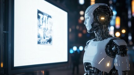 Poster - glowing white LED advertising board behind it, representing the future of advertising and robotic technology.