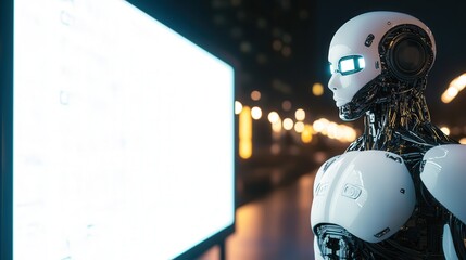 Poster - glowing white LED advertising board behind it, representing the future of advertising and robotic technology.