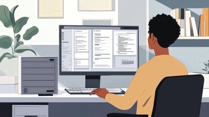 Poster - document management system on a desktop, utilizing cloud storage and advanced file indexing for efficient document handling.