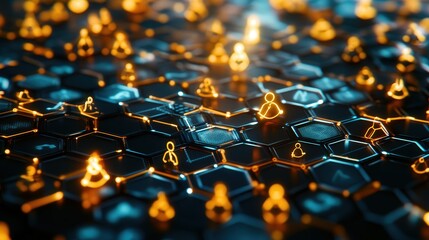 Poster - interconnected hexagon grid with human icons and digital connections, visualizing the bonds of a social community