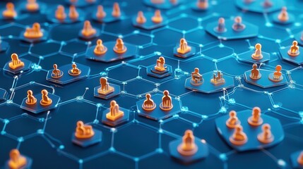 Poster - interconnected hexagonal diagram on a blue background with human icons in each hexagon, symbolizing a thriving social community