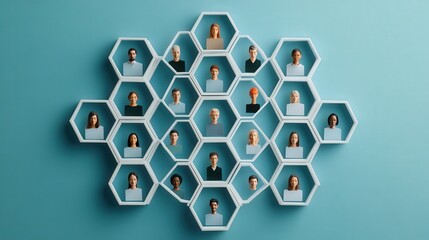 Poster - interconnected hexagonal diagram on a blue background with human icons in each hexagon, symbolizing a thriving social community